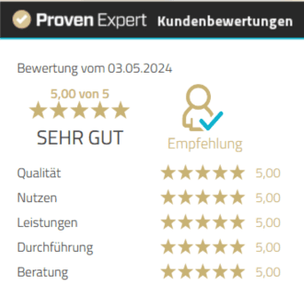 ProvenExpert Kundenbewertungen: 5,0 von 5, SEHR GUT